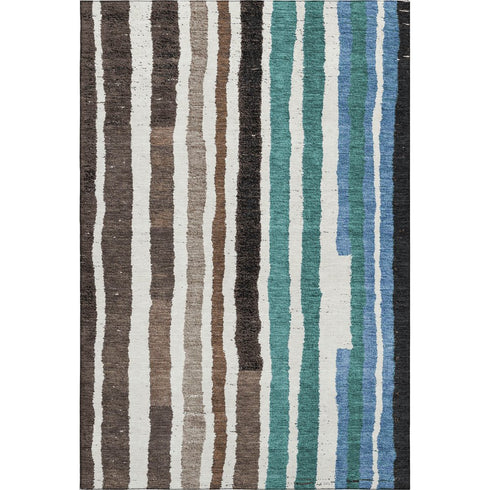 5' X 8' Brown Teal And Ivory Striped Washable Area Rug With UV Protection