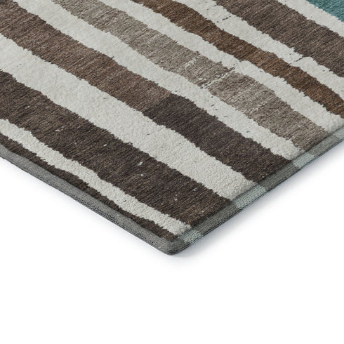5' X 8' Brown Teal And Ivory Striped Washable Area Rug With UV Protection