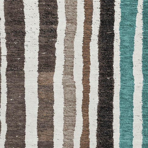 5' X 8' Brown Teal And Ivory Striped Washable Area Rug With UV Protection