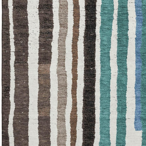 5' X 8' Brown Teal And Ivory Striped Washable Area Rug With UV Protection