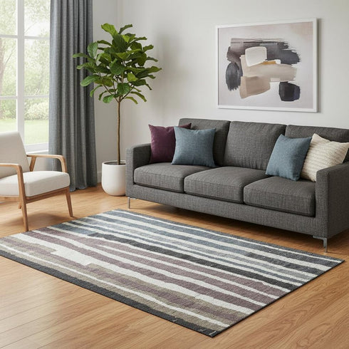 5' X 8' Denim Blue Ivory And Taupe Striped Washable Area Rug With UV Protection
