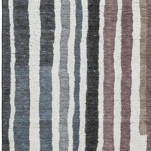 5' X 8' Denim Blue Ivory And Taupe Striped Washable Area Rug With UV Protection
