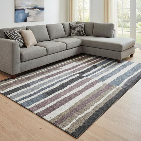 8' X 10' Denim Blue Ivory And Taupe Striped Washable Area Rug With UV Protection