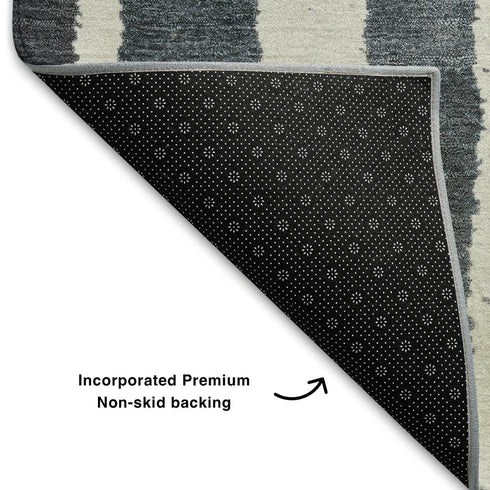8' X 10' Denim Blue Ivory And Taupe Striped Washable Area Rug With UV Protection