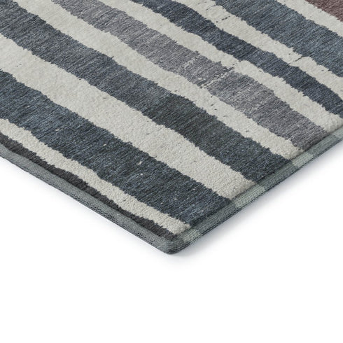 8' X 10' Denim Blue Ivory And Taupe Striped Washable Area Rug With UV Protection