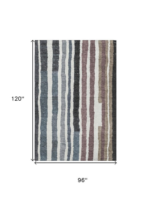 8' X 10' Denim Blue Ivory And Taupe Striped Washable Area Rug With UV Protection