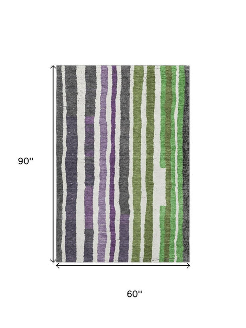 5' X 8' Gray Purple And Green Striped Washable Area Rug With UV Protection