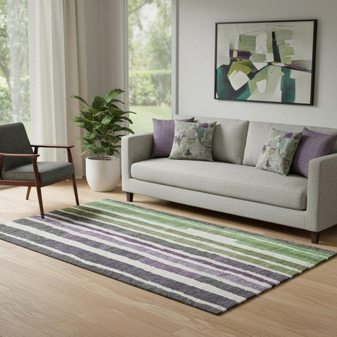 5' X 8' Gray Purple And Green Striped Washable Area Rug With UV Protection