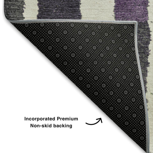 5' X 8' Gray Purple And Green Striped Washable Area Rug With UV Protection