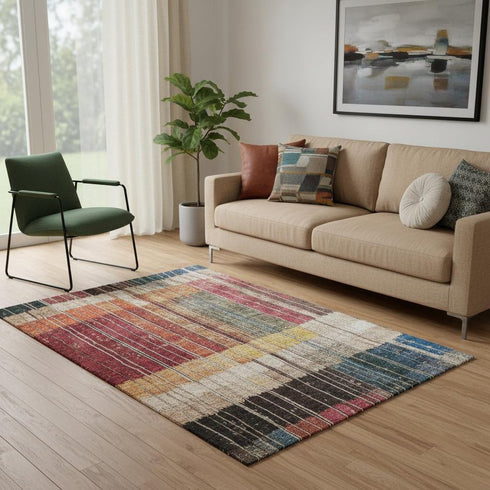 5' X 8' Beige Red And Blue Striped Washable Area Rug With UV Protection