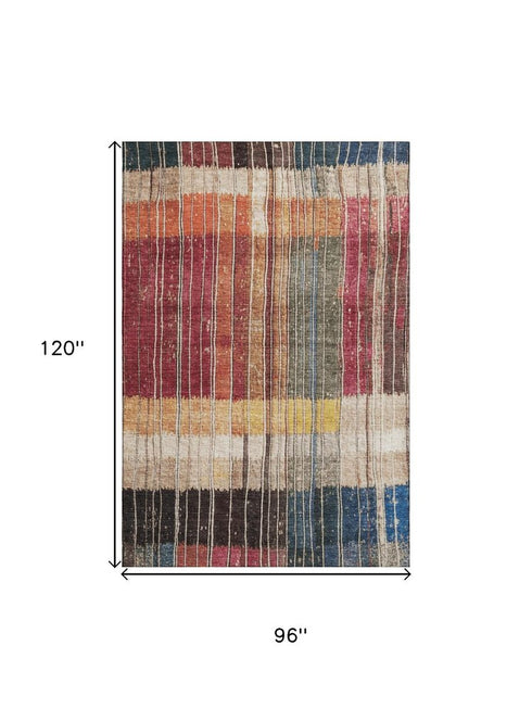 8' X 10' Beige Red And Blue Striped Washable Area Rug With UV Protection