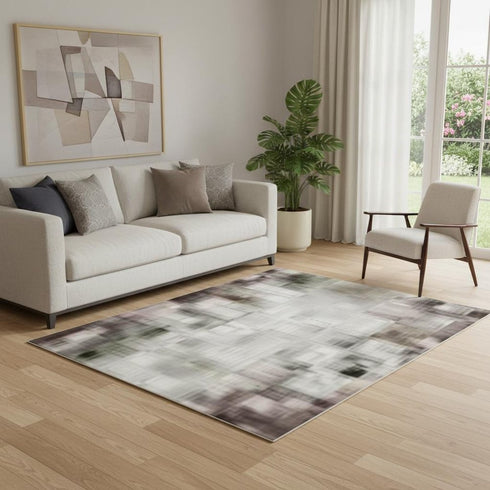 5' X 8' Mauve Blue And Beige Striped Washable Area Rug With UV Protection