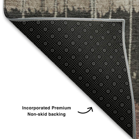 5' X 8' Mauve Blue And Beige Striped Washable Area Rug With UV Protection