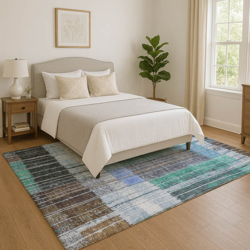 9' X 12' Teal Ivory And Brown Striped Washable Area Rug With UV Protection