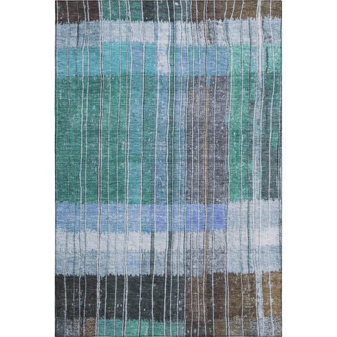 9' X 12' Teal Ivory And Brown Striped Washable Area Rug With UV Protection