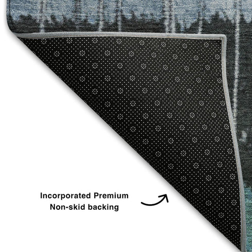 9' X 12' Teal Ivory And Brown Striped Washable Area Rug With UV Protection