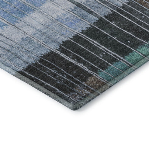 9' X 12' Teal Ivory And Brown Striped Washable Area Rug With UV Protection