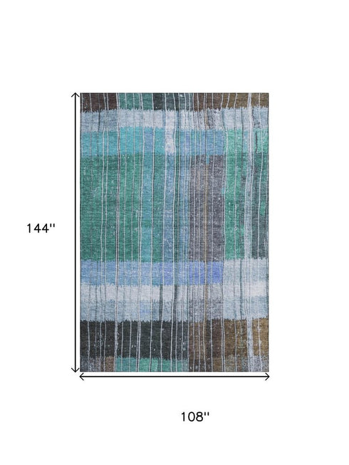 9' X 12' Teal Ivory And Brown Striped Washable Area Rug With UV Protection