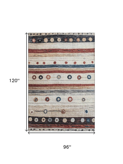 8' X 10' Beige Rust And Navy Blue Striped Washable Area Rug With UV Protection