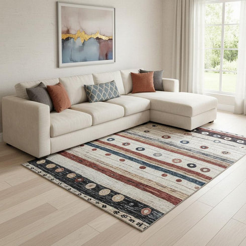 8' X 10' Beige Rust And Navy Blue Striped Washable Area Rug With UV Protection