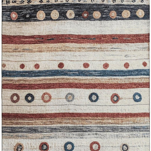 8' X 10' Beige Rust And Navy Blue Striped Washable Area Rug With UV Protection