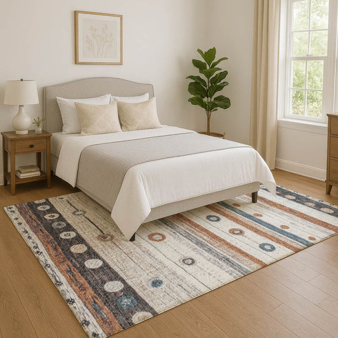 8' X 10' Copper Ivory And Denim Blue Striped Washable Area Rug With UV Protection