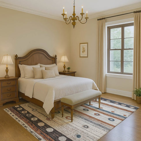 8' X 10' Copper Ivory And Denim Blue Striped Washable Area Rug With UV Protection