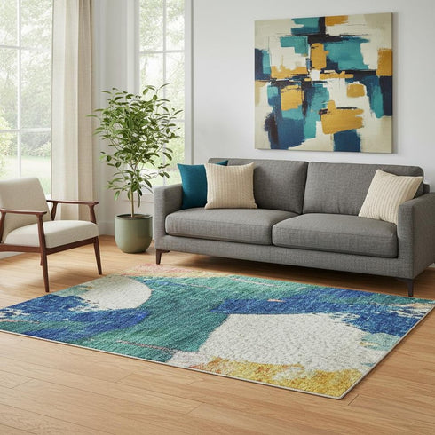 5' X 8' Blush Blue And Emerald Abstract Washable Area Rug With UV Protection