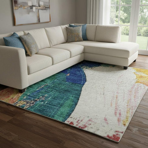 8' X 10' Blush Blue And Emerald Abstract Washable Area Rug With UV Protection