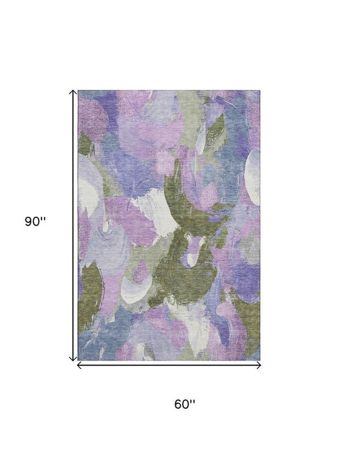 5' X 8' Lavender Olive Green And Ivory Abstract Washable Area Rug With UV Protection