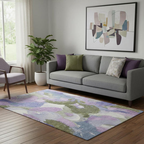5' X 8' Lavender Olive Green And Ivory Abstract Washable Area Rug With UV Protection