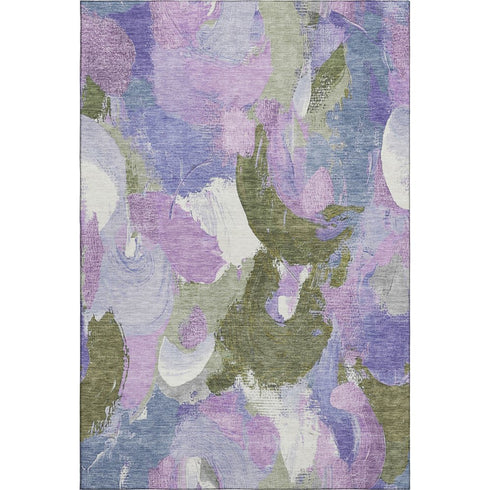 5' X 8' Lavender Olive Green And Ivory Abstract Washable Area Rug With UV Protection