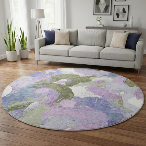 8' Lavender Olive Green And Ivory Abstract Washable Round Rug With UV Protection