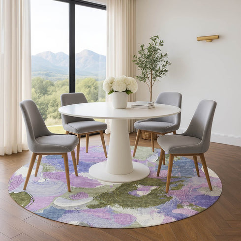 8' Lavender Olive Green And Ivory Abstract Washable Round Rug With UV Protection