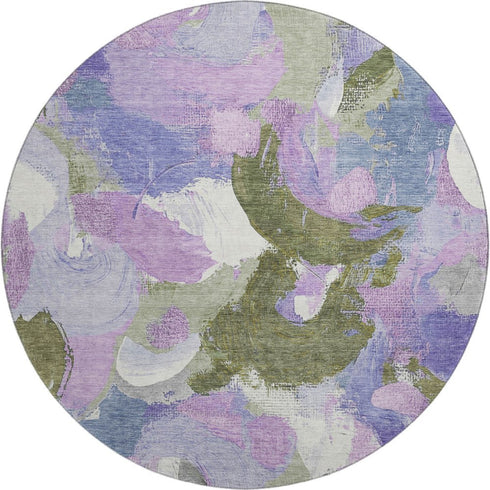 8' Lavender Olive Green And Ivory Abstract Washable Round Rug With UV Protection