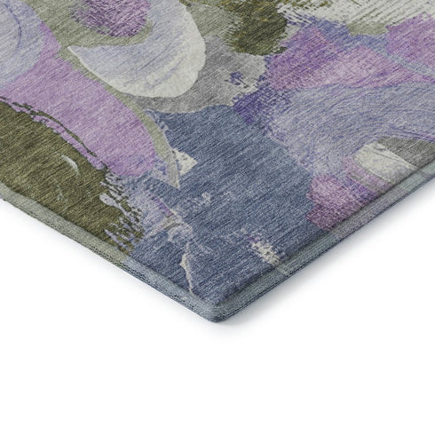 8' Lavender Olive Green And Ivory Abstract Washable Round Rug With UV Protection