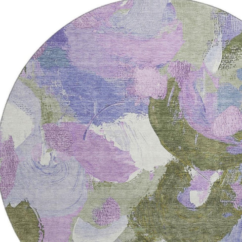 8' Lavender Olive Green And Ivory Abstract Washable Round Rug With UV Protection