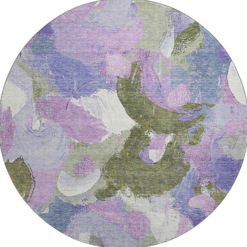 8' Lavender Olive Green And Ivory Abstract Washable Round Rug With UV Protection