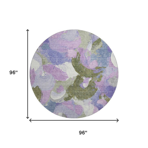 8' Lavender Olive Green And Ivory Abstract Washable Round Rug With UV Protection