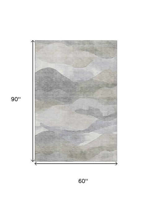 5' X 8' Beige Gray And Ivory Abstract Washable Area Rug With UV Protection