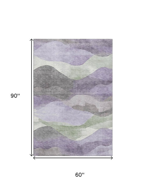 5' X 8' Purple Sage And Gray Abstract Washable Area Rug With UV Protection
