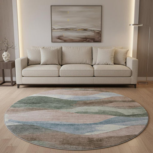8' Salmon Emerald And Ivory Abstract Washable Round Rug With UV Protection