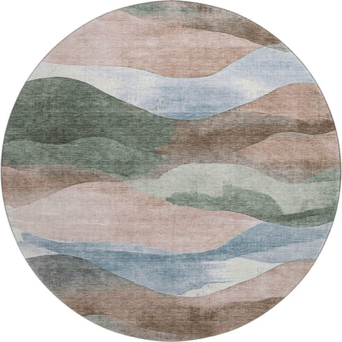 8' Salmon Emerald And Ivory Abstract Washable Round Rug With UV Protection