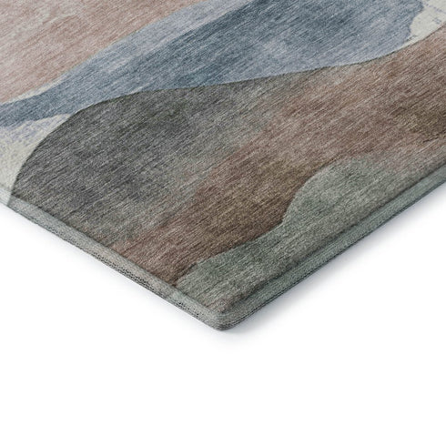 8' Salmon Emerald And Ivory Abstract Washable Round Rug With UV Protection