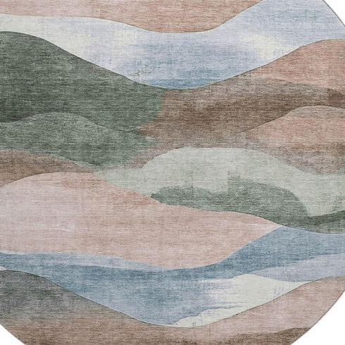 8' Salmon Emerald And Ivory Abstract Washable Round Rug With UV Protection