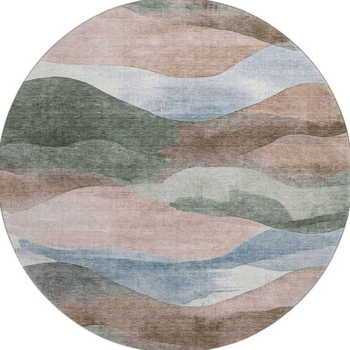 8' Salmon Emerald And Ivory Abstract Washable Round Rug With UV Protection