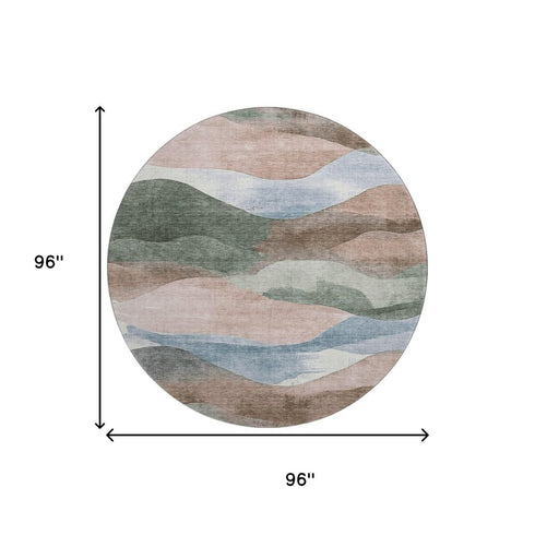 8' Salmon Emerald And Ivory Abstract Washable Round Rug With UV Protection