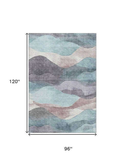 8' X 10' Teal Beige And Ivory Abstract Washable Area Rug With UV Protection