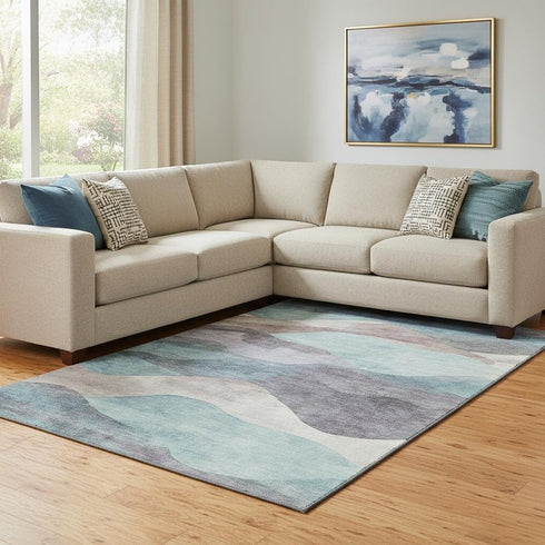8' X 10' Teal Beige And Ivory Abstract Washable Area Rug With UV Protection