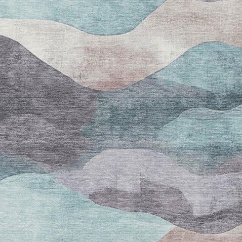 8' X 10' Teal Beige And Ivory Abstract Washable Area Rug With UV Protection